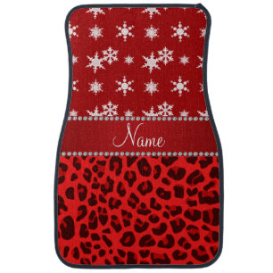 Custom name red leopard red snowflakes red stripe car floor mat