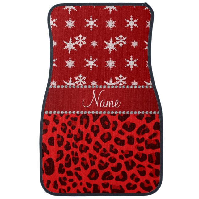Custom name red leopard red snowflakes red stripe car floor mat (Front)