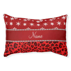 Custom name red leopard red snowflakes red stripe pet bed