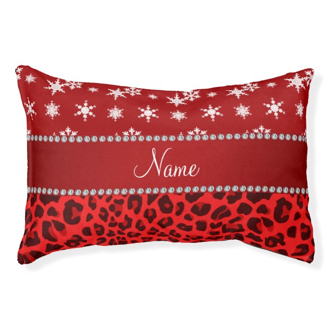 Custom name red leopard red snowflakes red stripe pet bed (Front)