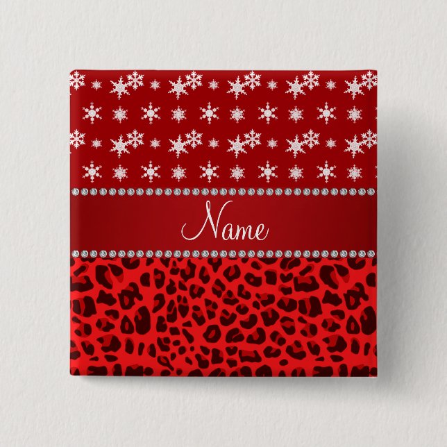 Custom name red leopard red snowflakes red stripe pinback button (Front)