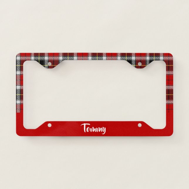 Custom name red plaid pattern license plate frame (Front)