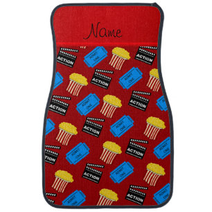 Custom name red popcorn movie ticket action sign car floor mat