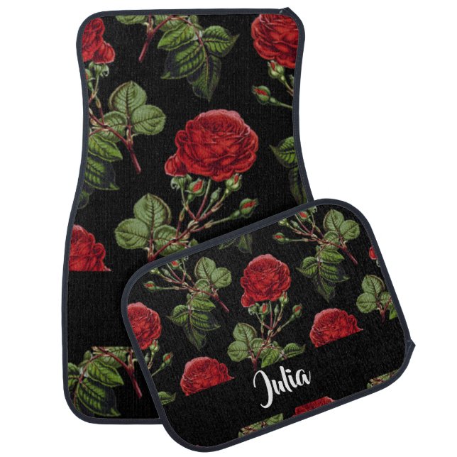 Custom name red roses car floor mat (Set)