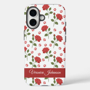 Custom Name Red Roses & Paw Print Floral iPhone 16 Case