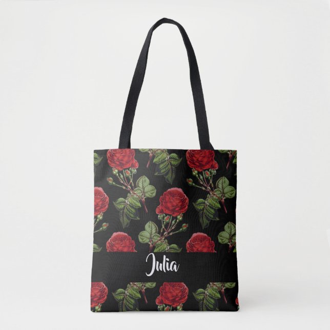 Custom name red roses tote bag (Front)