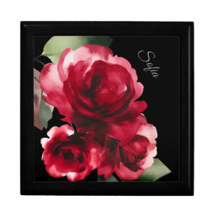Custom Name, Red Roses Wooden Jewelry Box