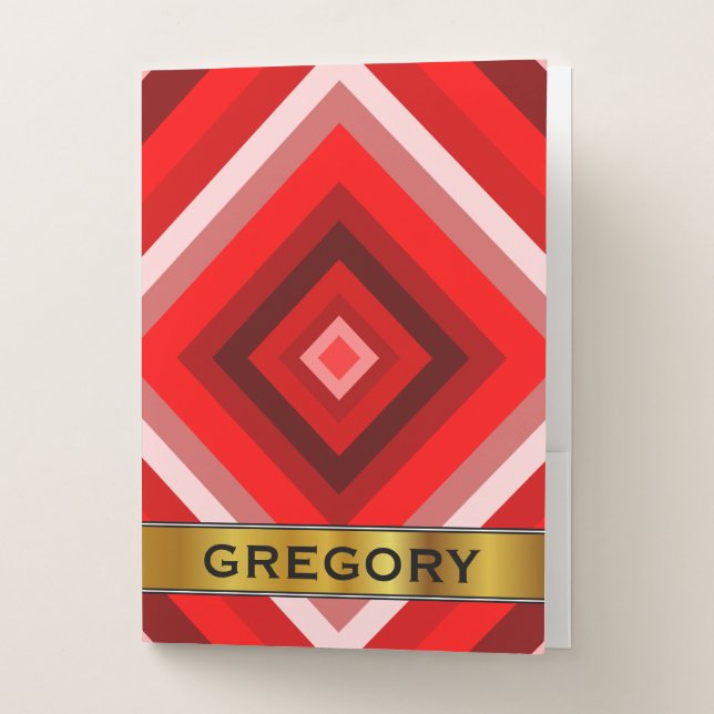 Custom Name & Red Shaded Squares Pattern Pocket Folder (Front)