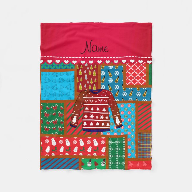 Custom name red snowman ugly christmas sweater fleece blanket (Front)