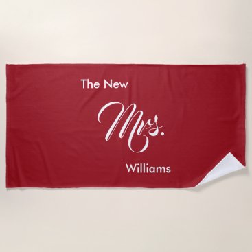 Custom Name Red The New Mrs. Wedding Beach Towel Custom Name Red The New Mrs. Wedding Beach Towel