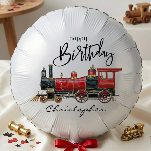 Custom Name Red Train Balloon (Say happy birthday with a red train.)