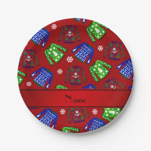 Custom name red ugly christmas sweater pattern paper plates