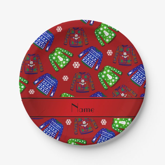 Custom name red ugly christmas sweater pattern paper plates (Front)