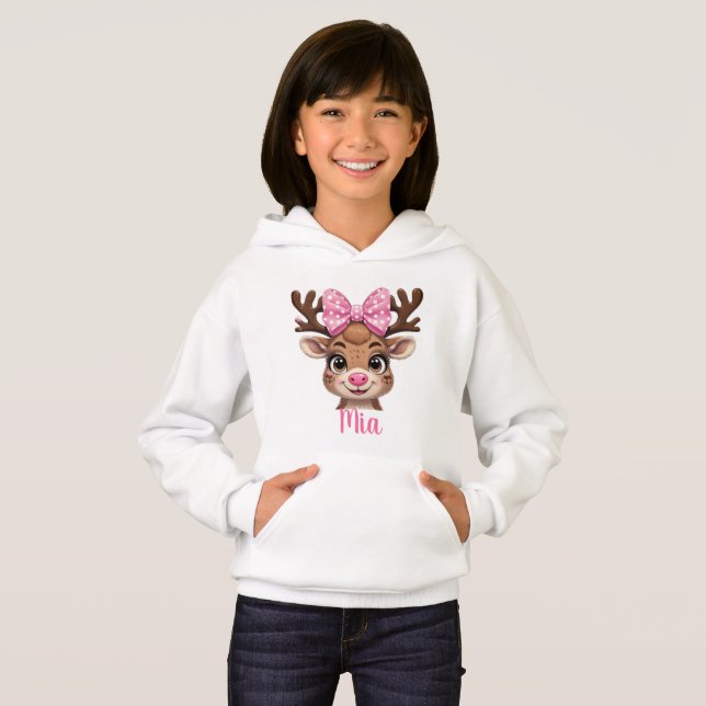 Custom Name Reindeer Hoodie for Girls – Christmas  (Front Full)