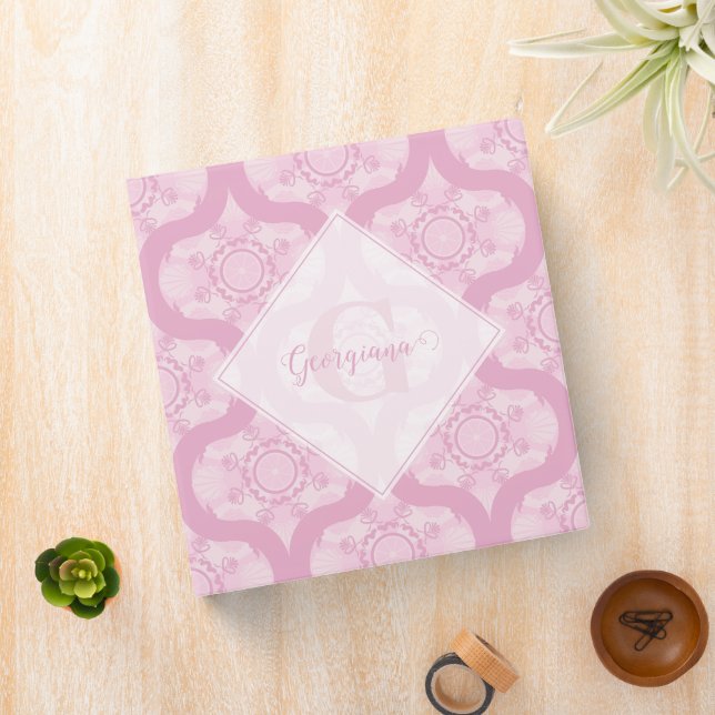 Custom Name Retro 1970s Preppy In Pink Mandala 3 Ring Binder (In Situ)