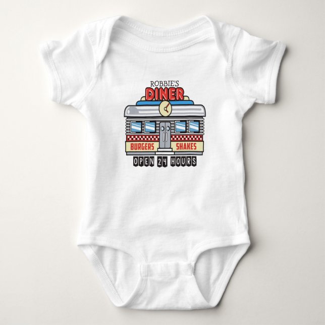 Custom NAME Retro 50s Diner Sign Fifties Atomic Baby Bodysuit (Front)