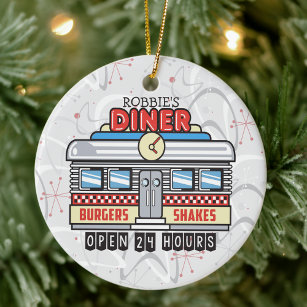 Custom NAME Retro 50s Diner Sign Fifties Atomic Ceramic Ornament