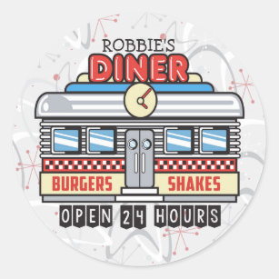 Custom NAME Retro 50s Diner Sign Fifties Atomic Classic Round Sticker