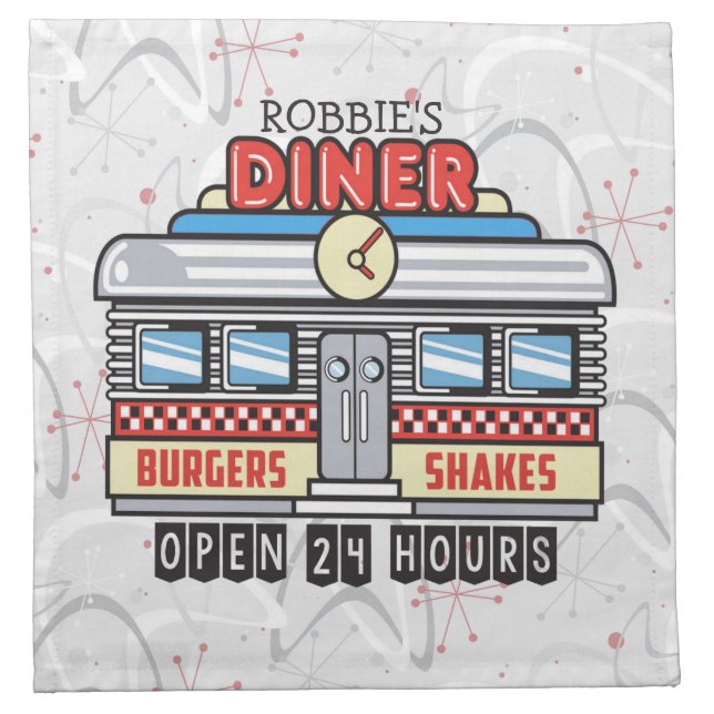Custom NAME Retro 50s Diner Sign Fifties Atomic Cloth Napkin (Front)