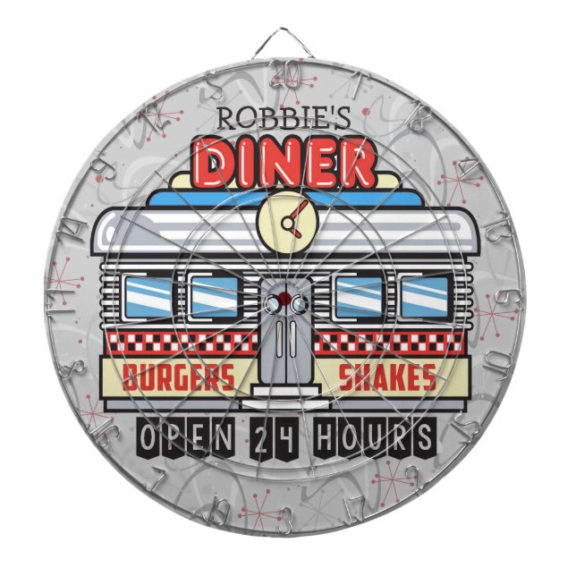 Custom NAME Retro 50s Diner Sign Fifties Atomic Dart Board (Front)