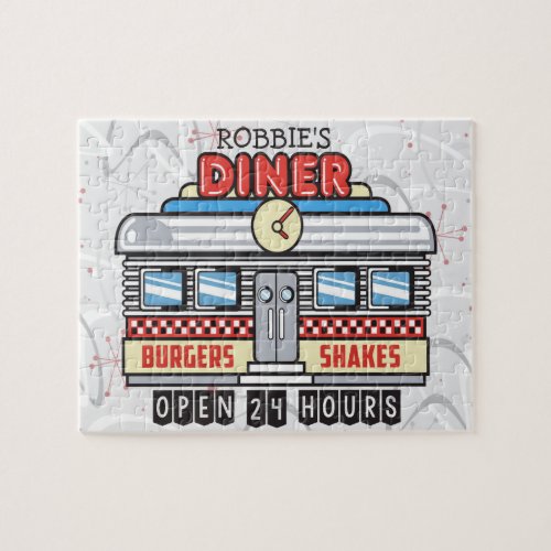 Custom NAME Retro 50s Diner Sign Fifties Atomic Jigsaw Puzzle