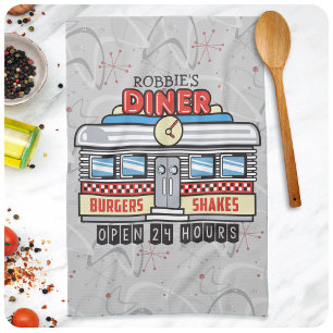 Custom NAME Retro 50s Diner Sign Fifties Atomic Kitchen Towel