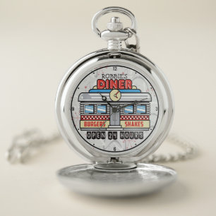 Custom NAME Retro 50s Diner Sign Fifties Atomic Pocket Watch