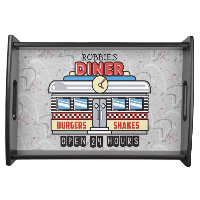 Custom NAME Retro 50s Diner Sign Fifties Atomic Serving Tray (Front)