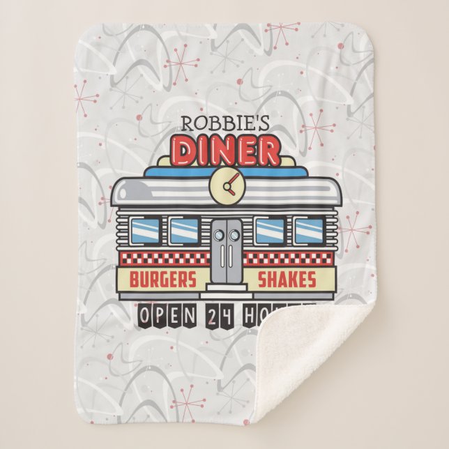 Custom NAME Retro 50s Diner Sign Fifties Atomic Sherpa Blanket (Front)