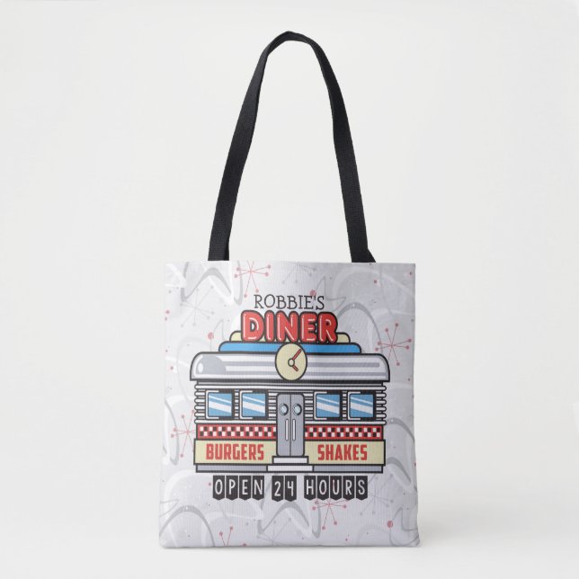 Custom NAME Retro 50s Diner Sign Fifties Atomic Tote Bag (Front)