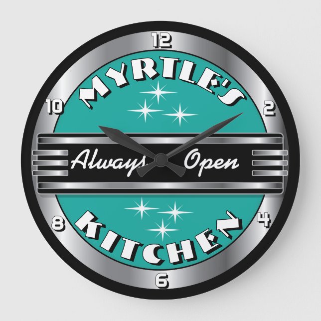 Custom Name Retro '50s Kitchen Diner Clock - Aqua (Front)