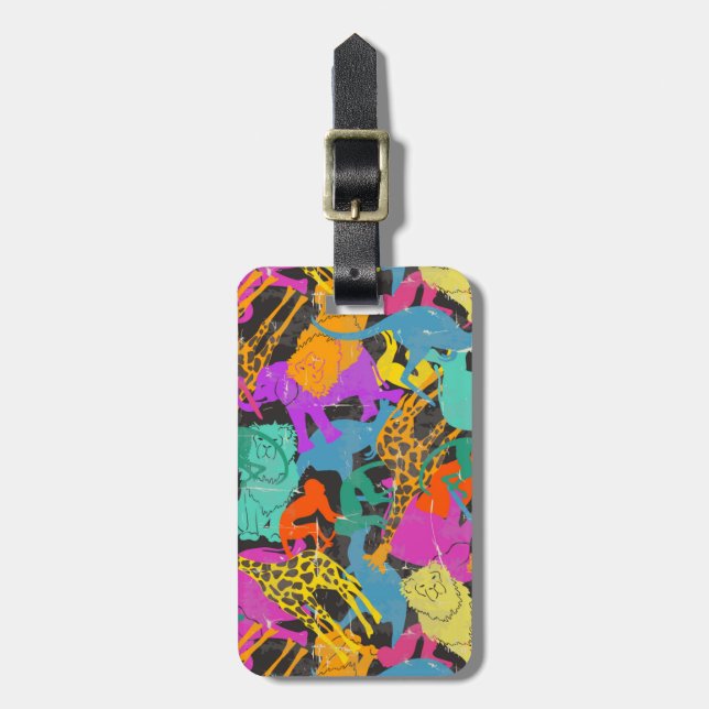 Custom Name Retro Animal Silhouettes Pattern Luggage Tag (Front Vertical)