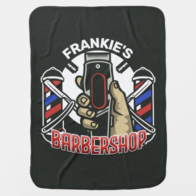Custom NAME Retro Barber Shop Pole Barbershop Baby Blanket (Front)