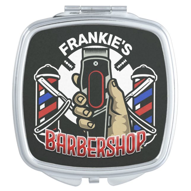 Custom NAME Retro Barber Shop Pole Barbershop Compact Mirror (Front)