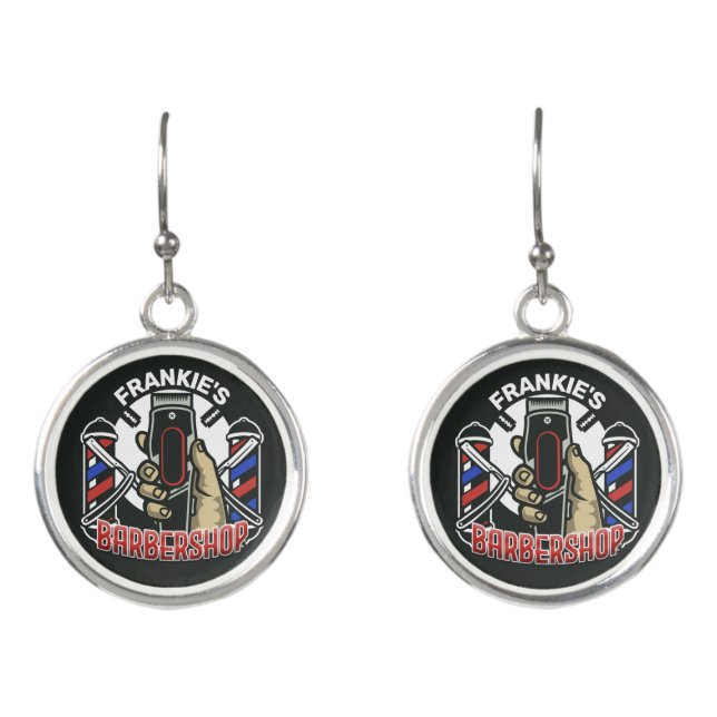 Custom NAME Retro Barber Shop Pole Barbershop Earrings (Front)
