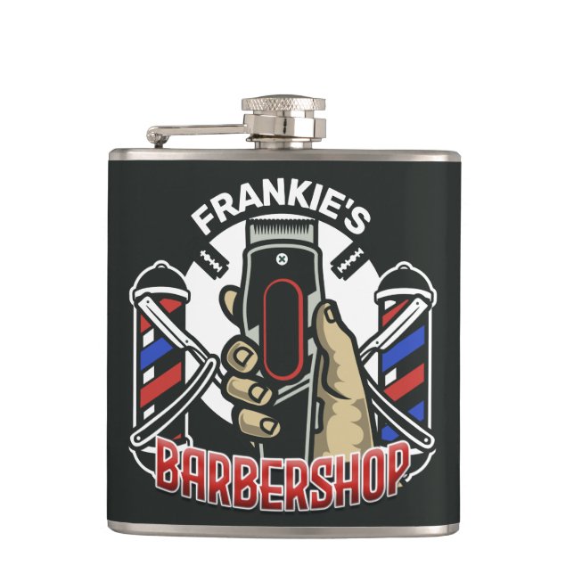 Custom NAME Retro Barber Shop Pole Barbershop Flask (Front)