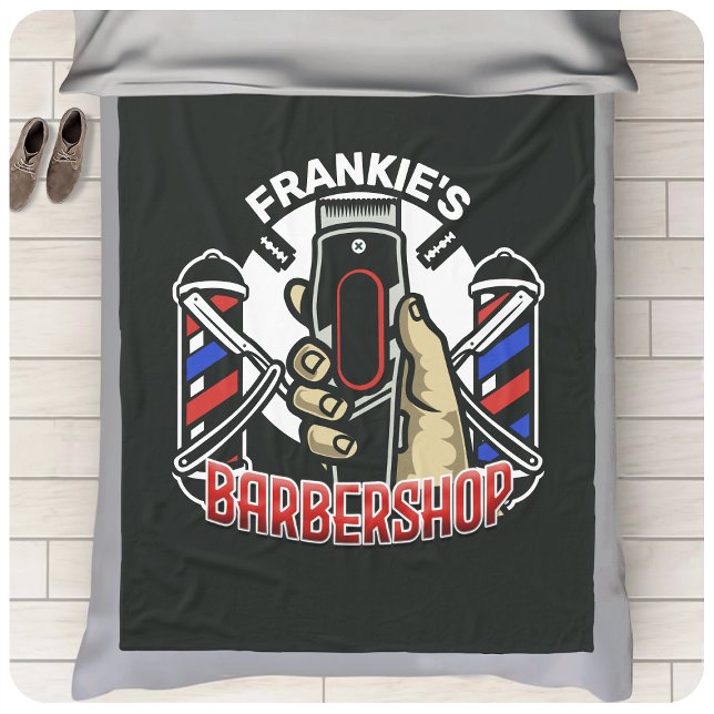 Custom NAME Retro Barber Shop Pole Barbershop Fleece Blanket (Creator Uploaded)