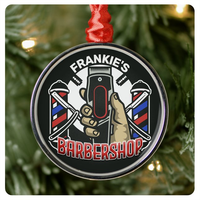 Custom NAME Retro Barber Shop Pole Barbershop Metal Ornament (Creator Uploaded)