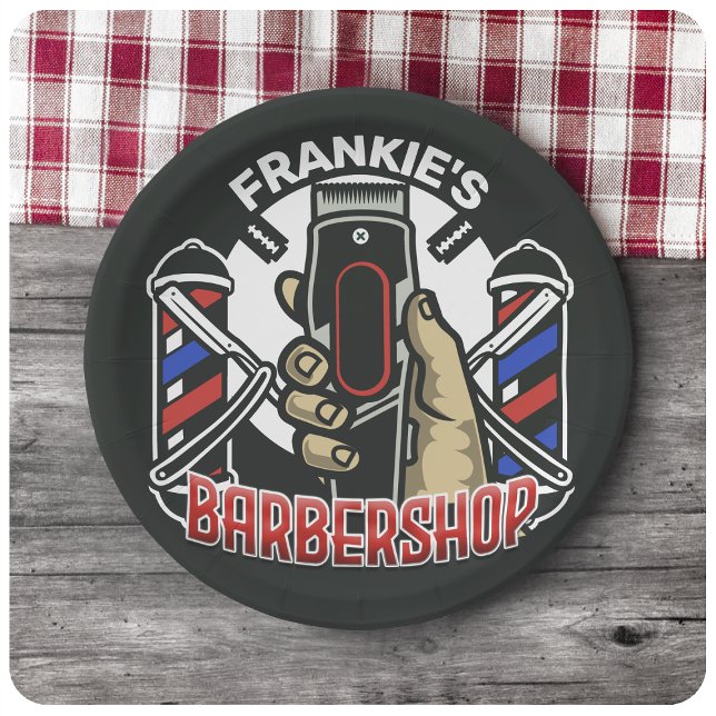 Custom NAME Retro Barber Shop Pole Barbershop Paper Plates (Creator Uploaded)