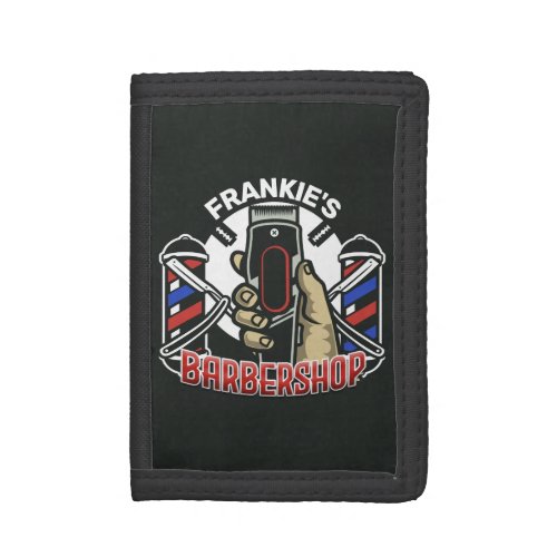 Custom NAME Retro Barber Shop Pole Barbershop Trifold Wallet