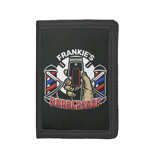 Custom NAME Retro Barber Shop Pole Barbershop Trifold Wallet (Front Vertical)