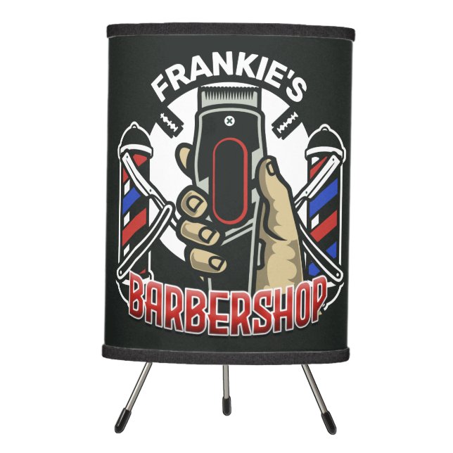Custom NAME Retro Barber Shop Pole Barbershop Tripod Lamp (Front)