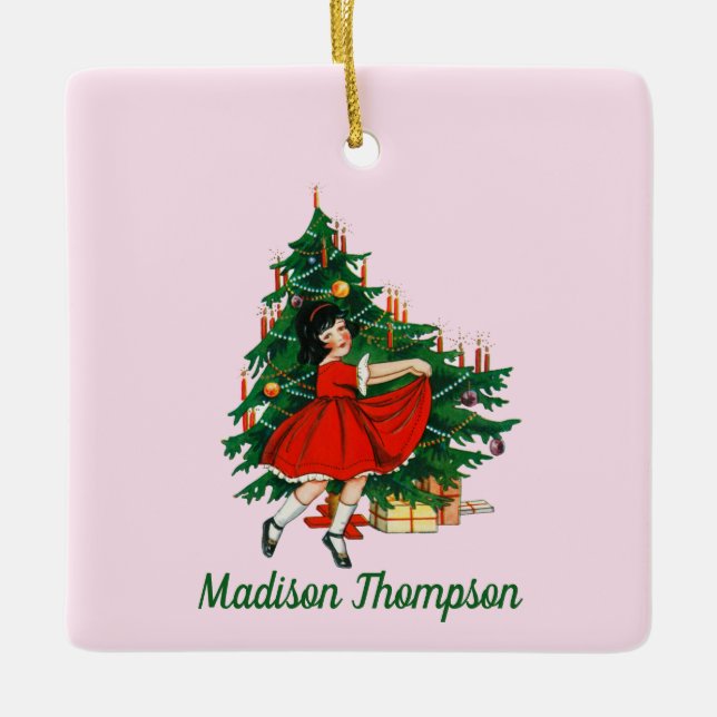Custom Name Retro Christmas Girl Xmas Tree Pink Ceramic Ornament (Front)