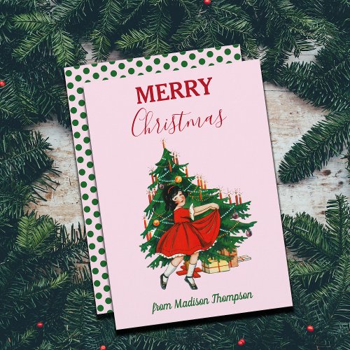 Custom Name Retro Christmas Girl Xmas Tree Pink Holiday Card