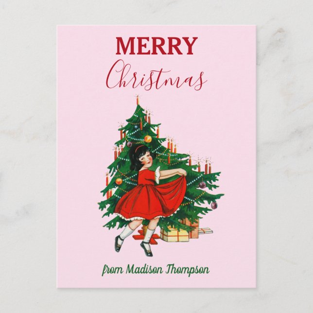 Custom Name Retro Christmas Girl Xmas Tree Pink  Holiday Postcard (Front)
