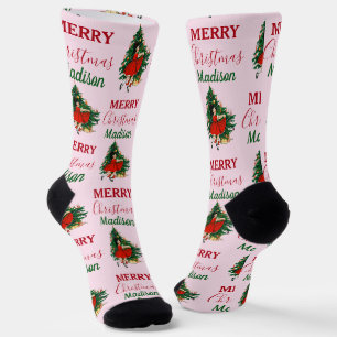Custom Name Retro Christmas Girl Xmas Tree Pink Socks