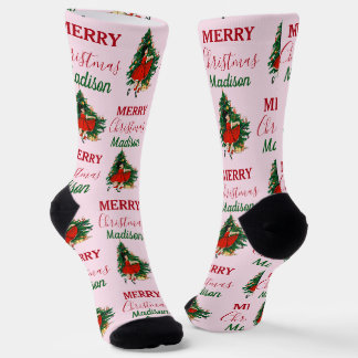Custom Name Retro Christmas Girl Xmas Tree Pink Socks