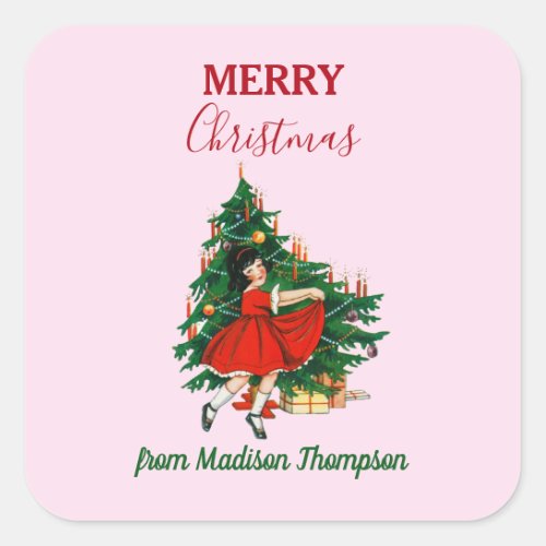 Custom Name Retro Christmas Girl Xmas Tree Pink   Square Sticker