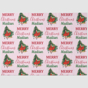 Custom Name Retro Christmas Girl Xmas Tree Pink Tissue Paper
