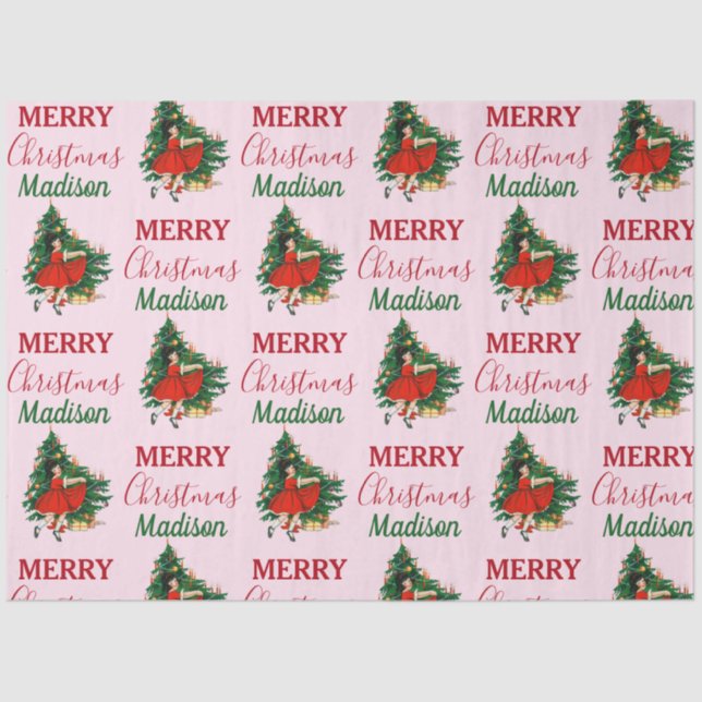 Custom Name Retro Christmas Girl Xmas Tree Pink Tissue Paper (Front)